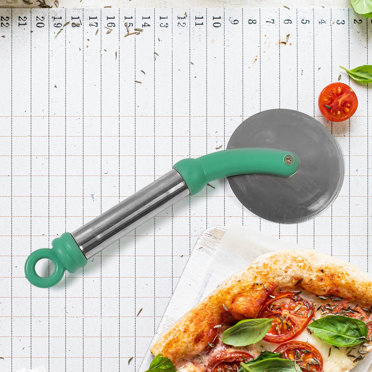 Wukusy stainless steel wheel pizza cutter for home kitchen use, featuring a sharp circular blade for easy pizza slicing.