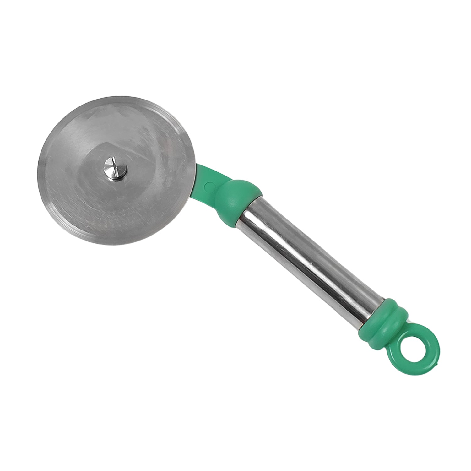 Wukusy stainless steel wheel pizza cutter for home kitchen use, with a sharp circular blade for easy pizza slicing.