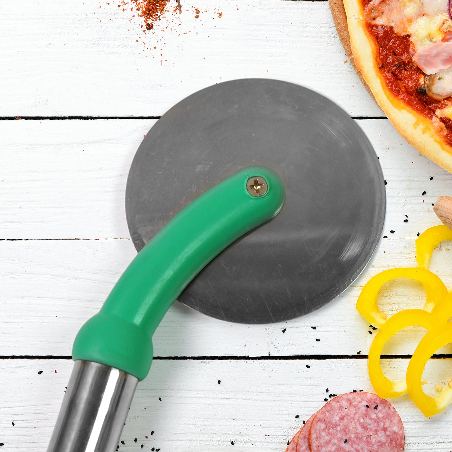 Wukusy stainless steel wheel pizza cutter, 1 piece, with ergonomic handle for easy slicing of homemade pizzas in the kitchen.