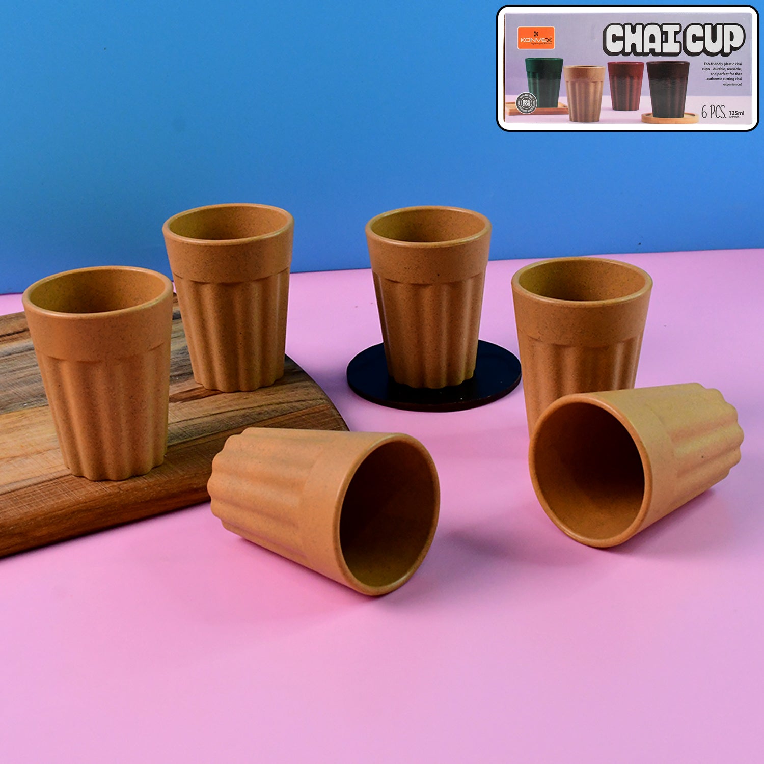 Set of six Wukusy Konvex Traditional Chai Cups, 125 ml each, for serving tea in a home and kitchen setting.