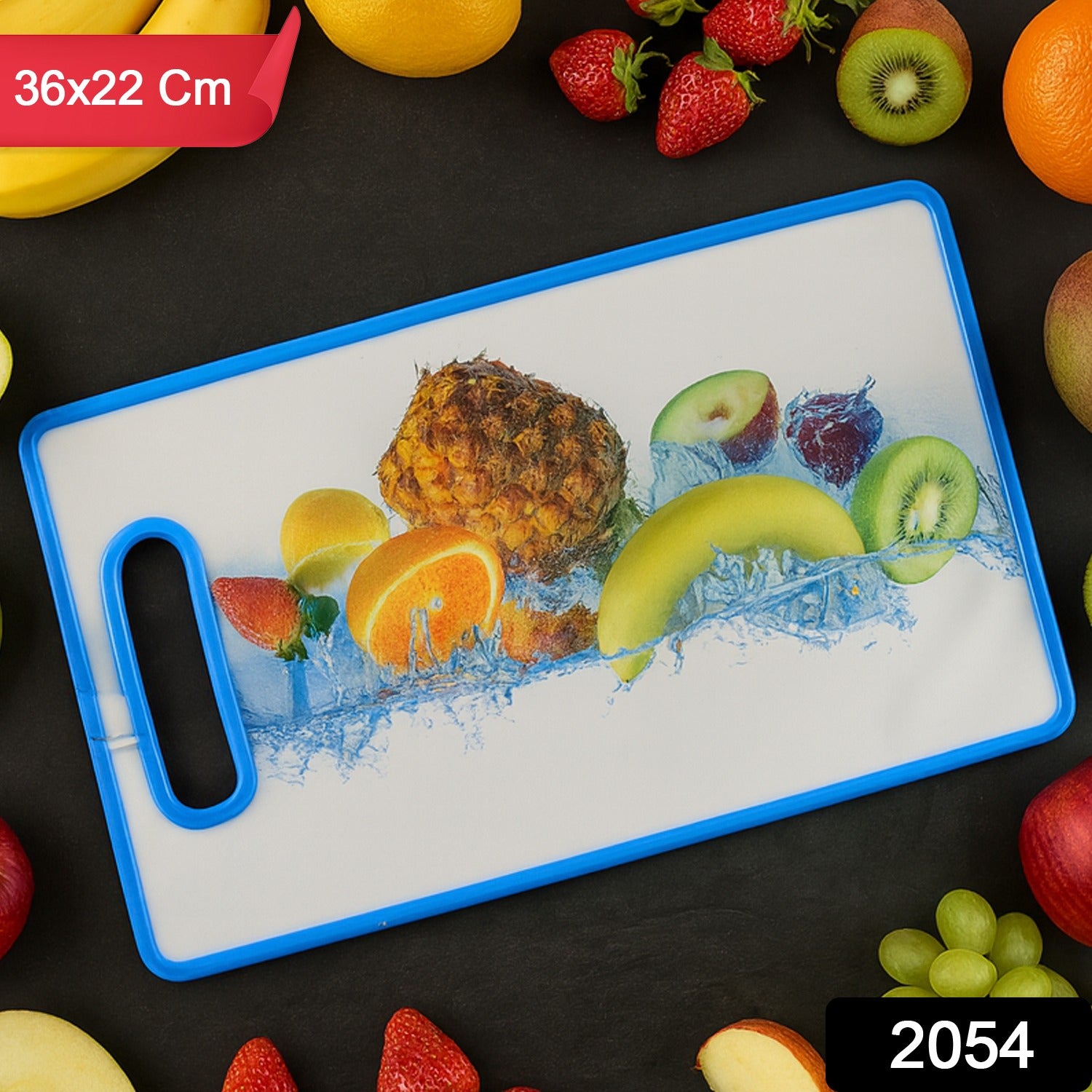 Large rectangular Wukusy fruit print cutting board, 36x22cm, ideal for kitchen prep and serving, with vibrant fruit design.