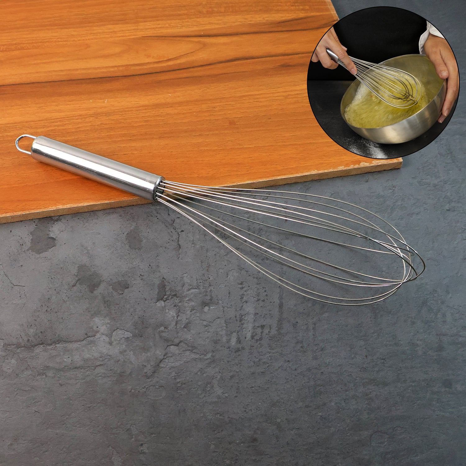 Large stainless steel balloon whisk by Wukusy, 30cm heavy-duty kitchen tool for mixing and whisking in the home kitchen.