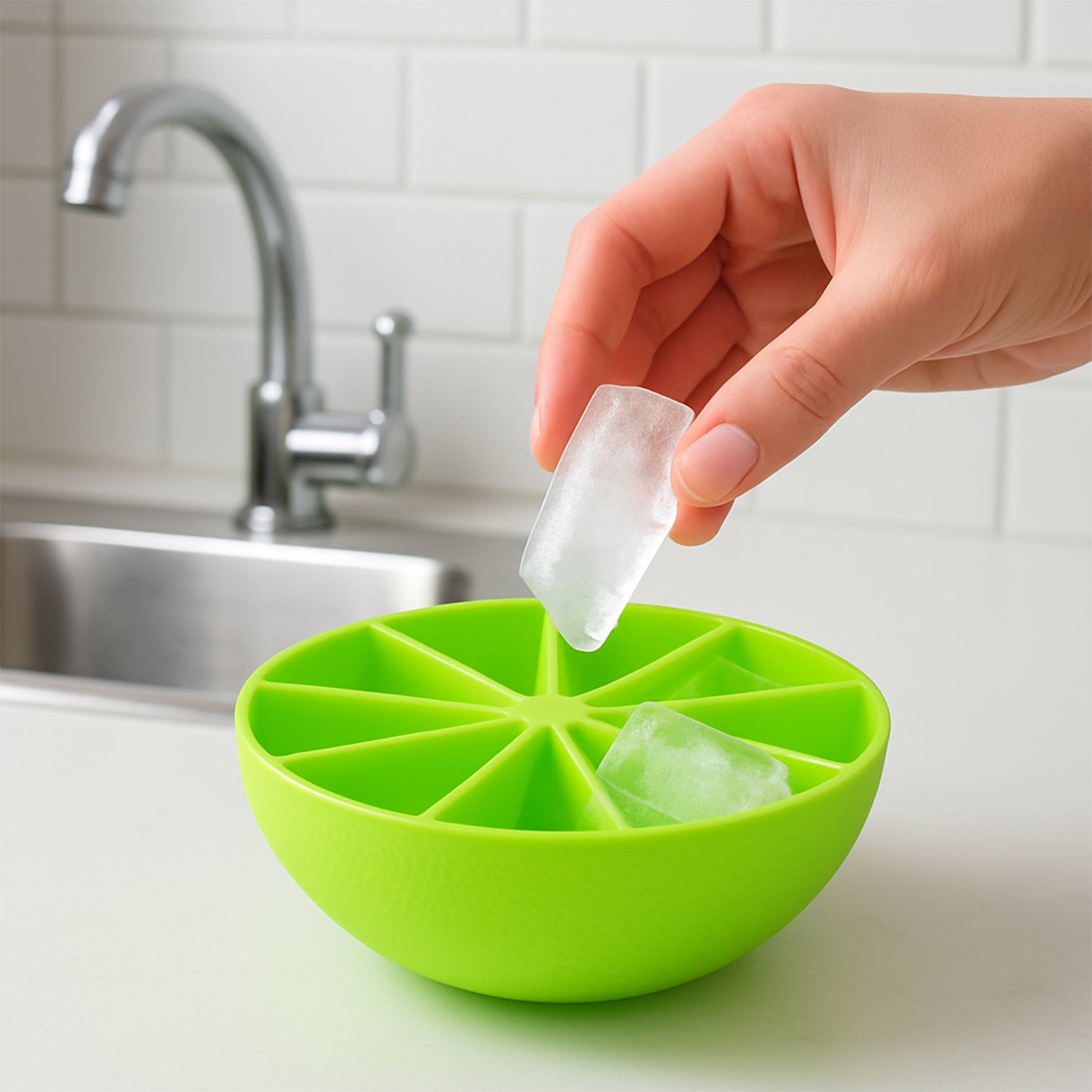 Wukusy lemon-shaped flexible silicone ice cube tray with 8 round ice molds, ideal for home and kitchen use.