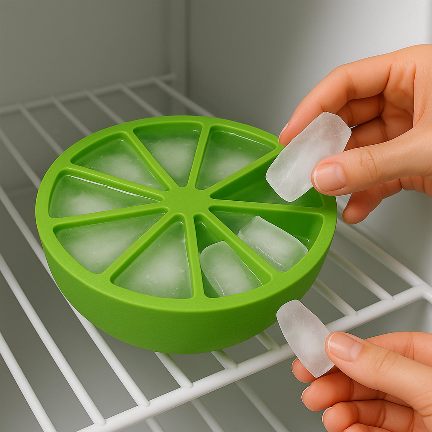 Wukusy lemon-shaped flexible silicone ice cube tray with 8 round ice molds for home and kitchen use.