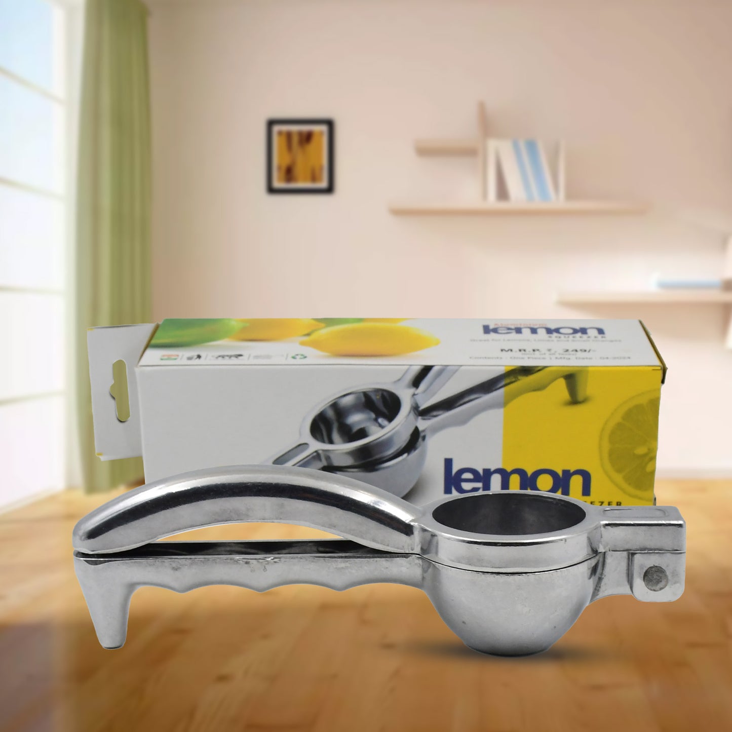 Wukusy steel lemon squeezer in a kitchen setting, showcasing its durable, polished metal design for efficient citrus juicing.