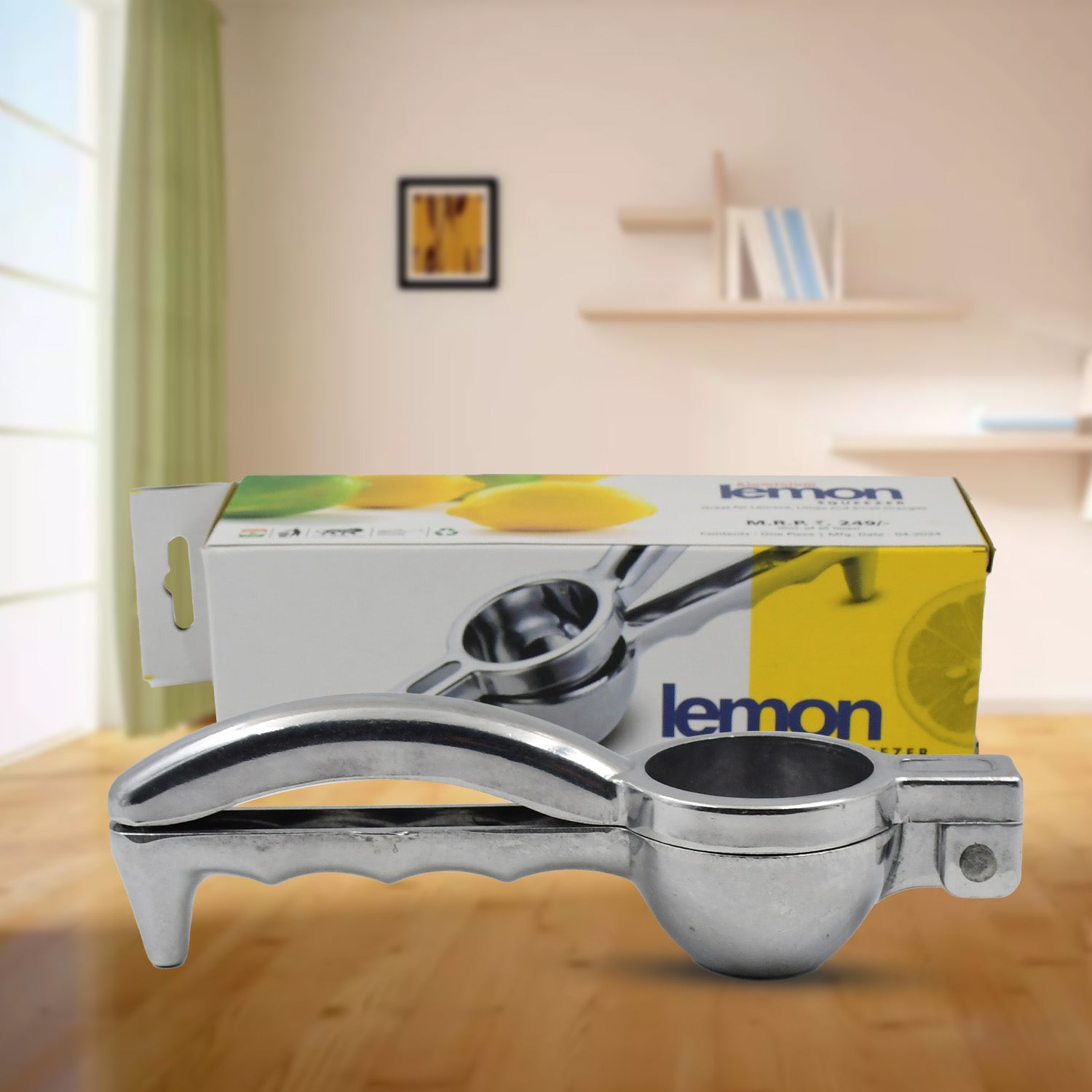 Wukusy steel lemon squeezer in a kitchen setting, showcasing its durable, polished metal design for efficient citrus juicing.