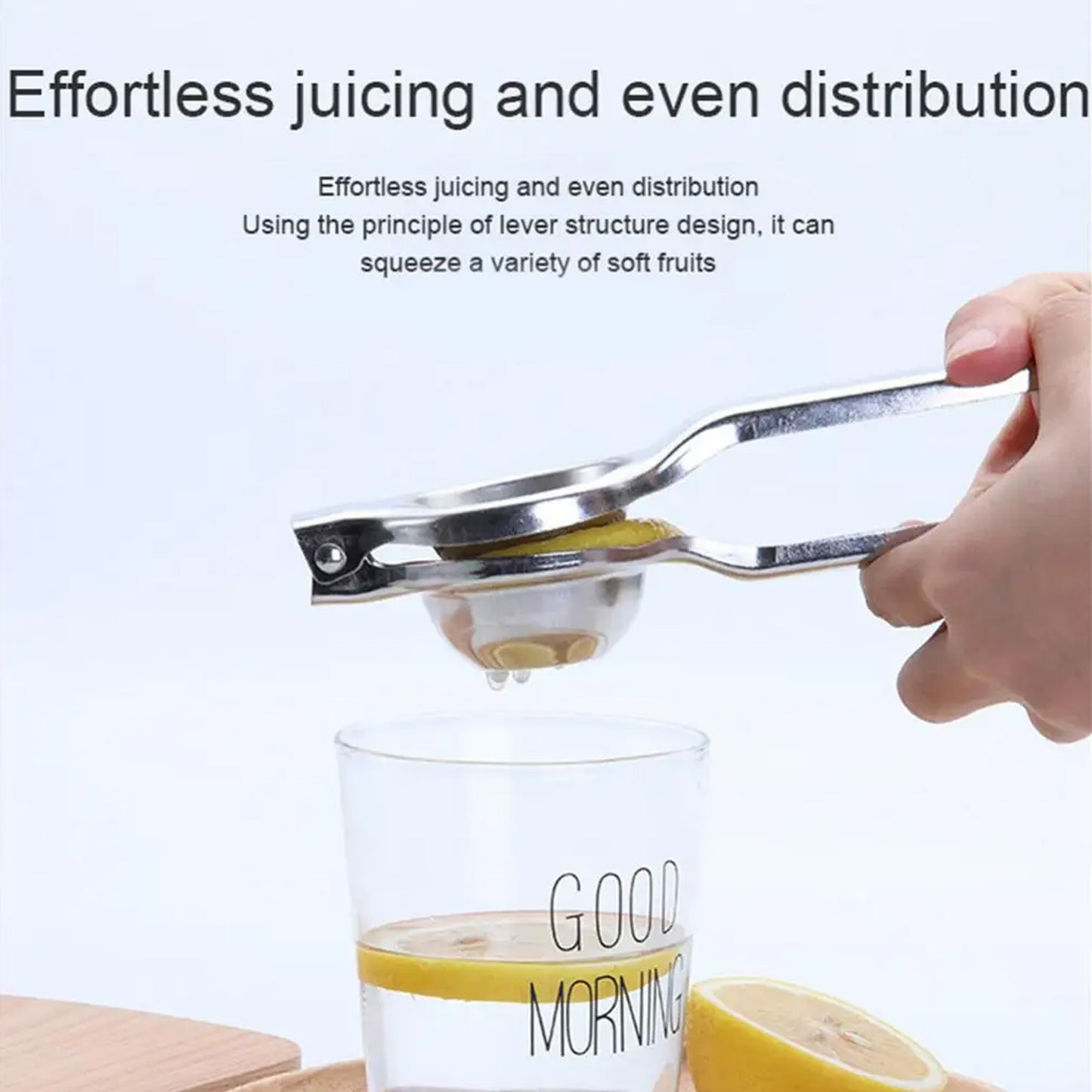 Wukusy steel lemon squeezer in a home and kitchen setting, demonstrating its durable, polished metal design for citrus juicing.