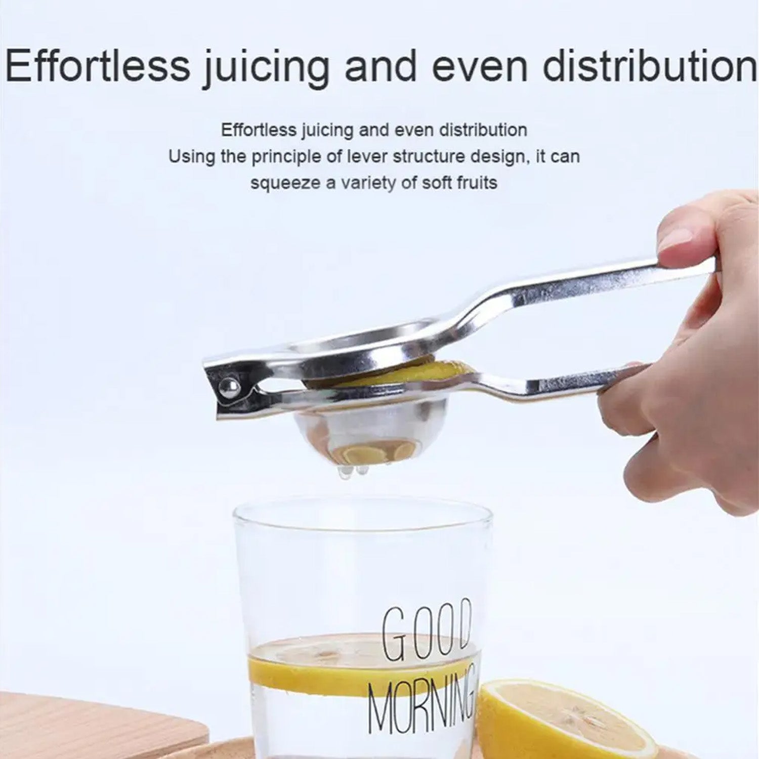 Wukusy steel lemon squeezer in a home and kitchen setting, demonstrating its durable, polished metal design for citrus juicing.