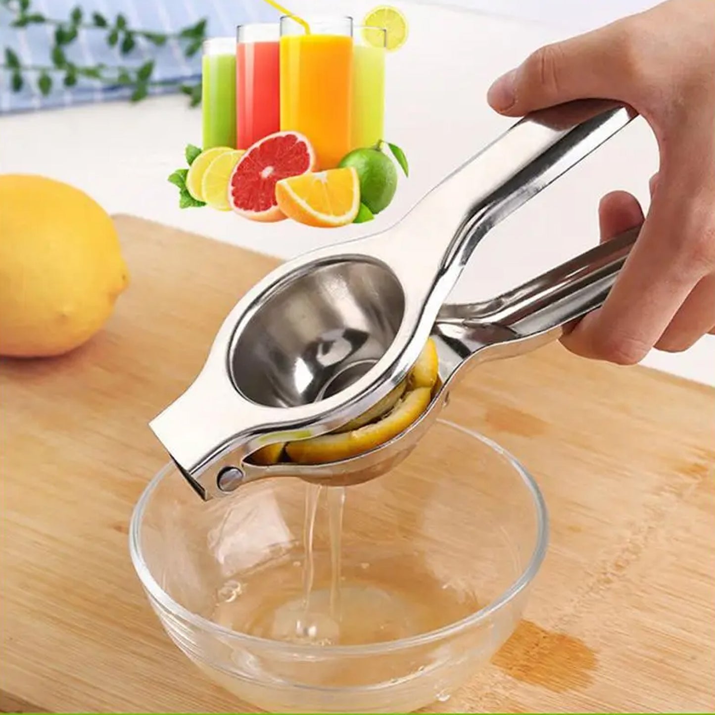 Stainless steel lemon squeezer by Wukusy for home and kitchen use, shown on a clean countertop.
