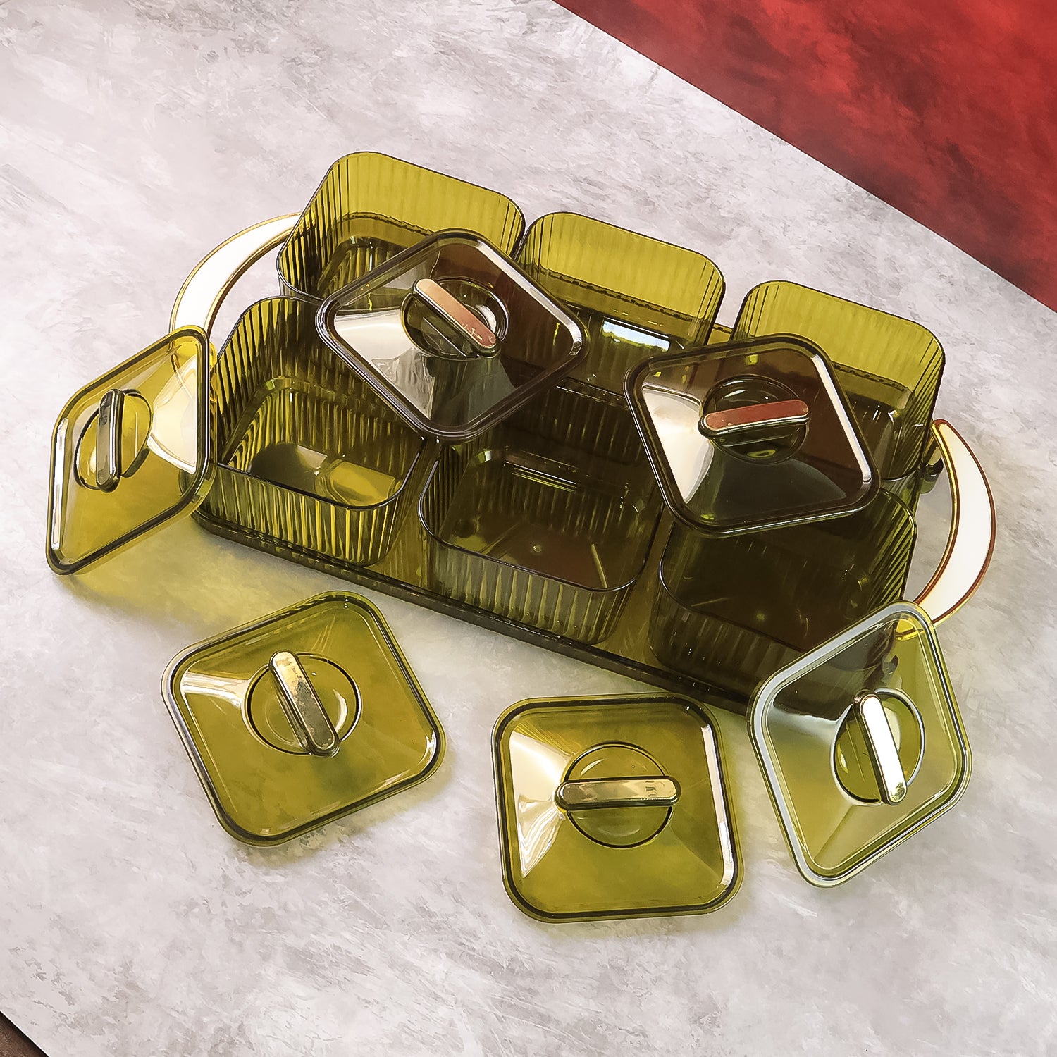 Set of six transparent Wukusy Liger spice jars with lids and tray, each approximately 400ml, for kitchen storage and organization.