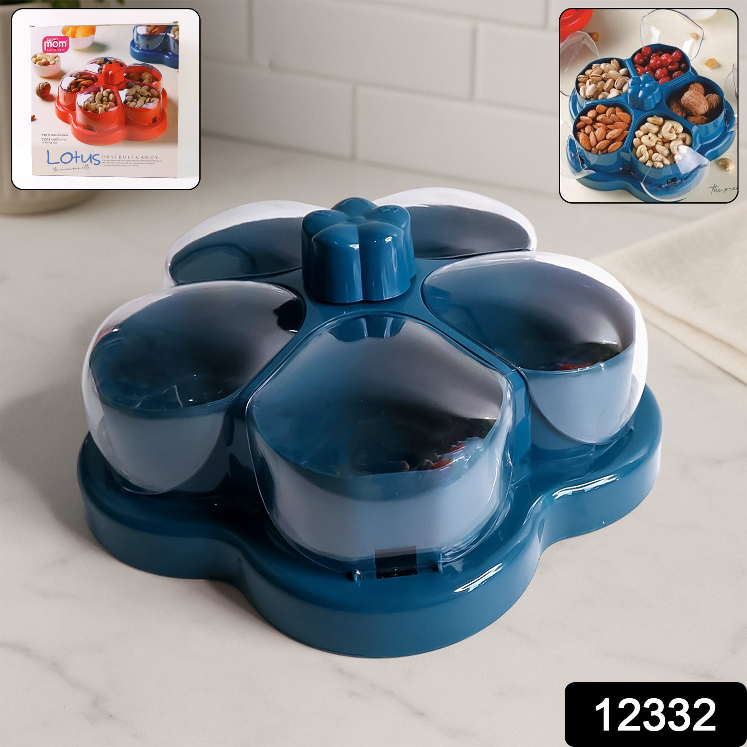 Wukusy lotus-shaped rotating dry fruit snack organizer box with multiple compartments for home and kitchen use.