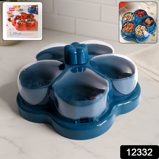 Wukusy lotus-shaped rotating dry fruit snack organizer box with multiple compartments for home and kitchen use.