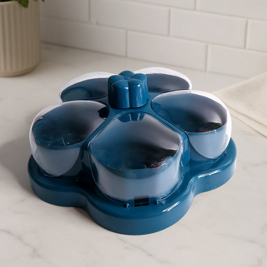Wukusy lotus-shaped rotating dry fruit and snack organizer box with multiple compartments for home storage.