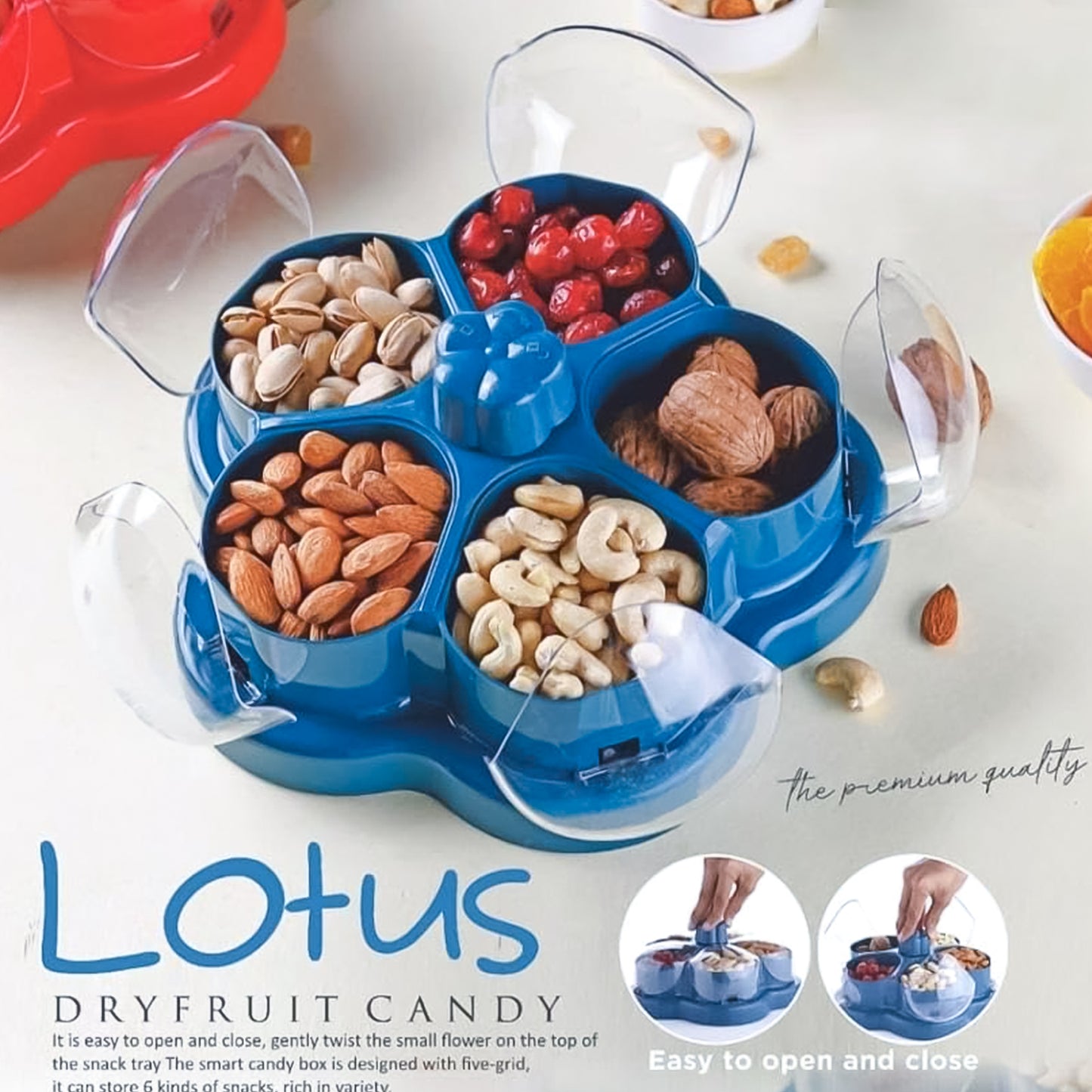 Wukusy lotus-shaped rotating dry fruit snack organizer box with multiple compartments for home storage.