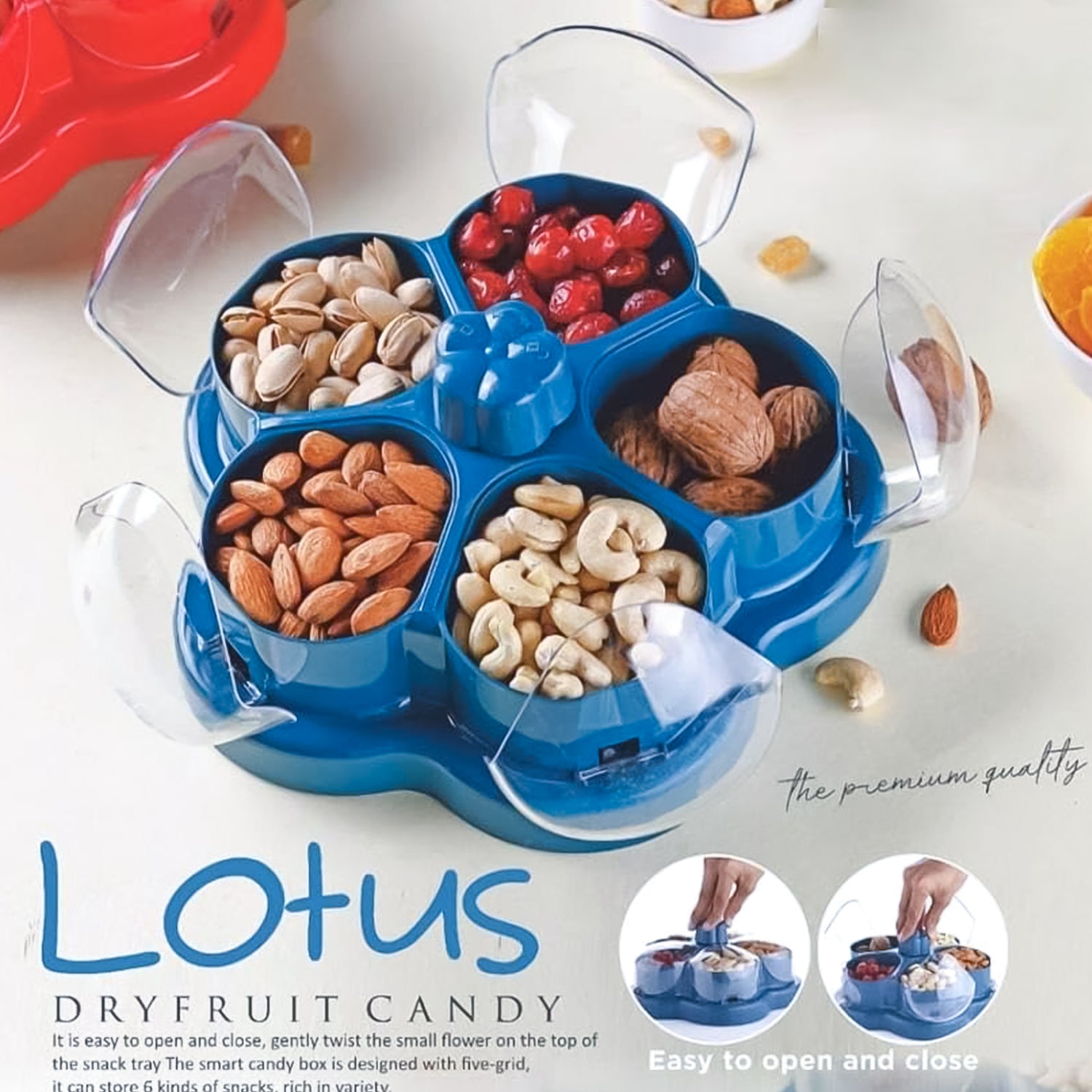 Wukusy lotus-shaped rotating dry fruit snack organizer box with multiple compartments for home storage.