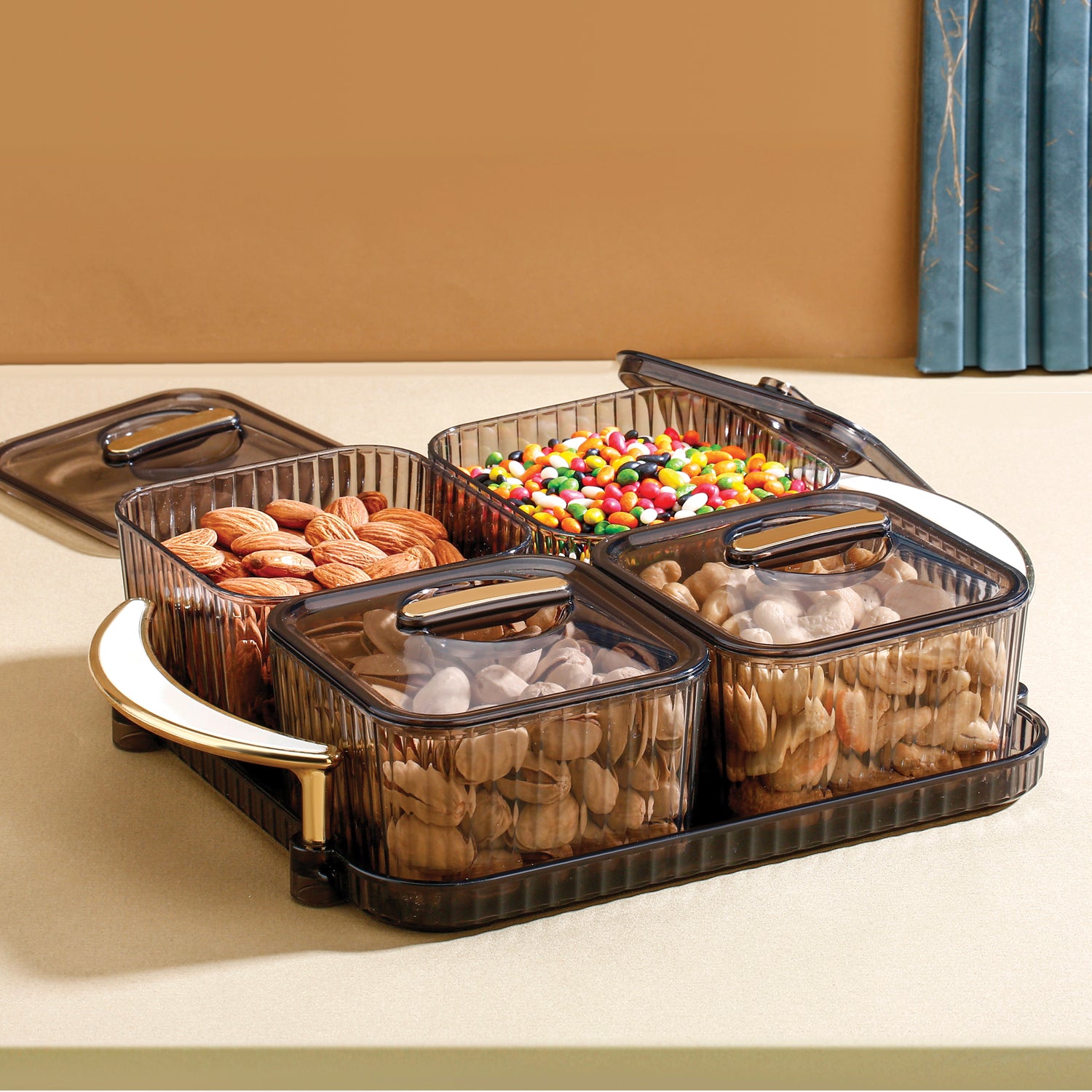 Wukusy Luxury Delight 4-piece dry fruit storage box set for home and kitchen organization and freshness.