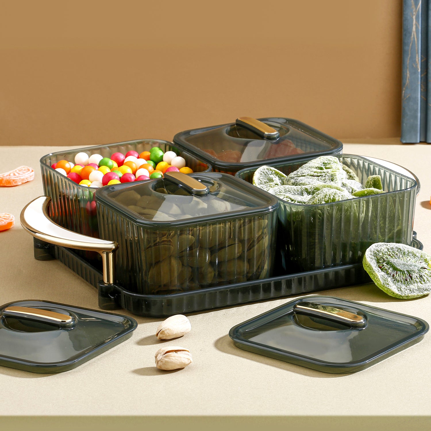 Set of four Wukusy luxury dry fruit storage boxes for home and kitchen organization, with clear lids and elegant design.