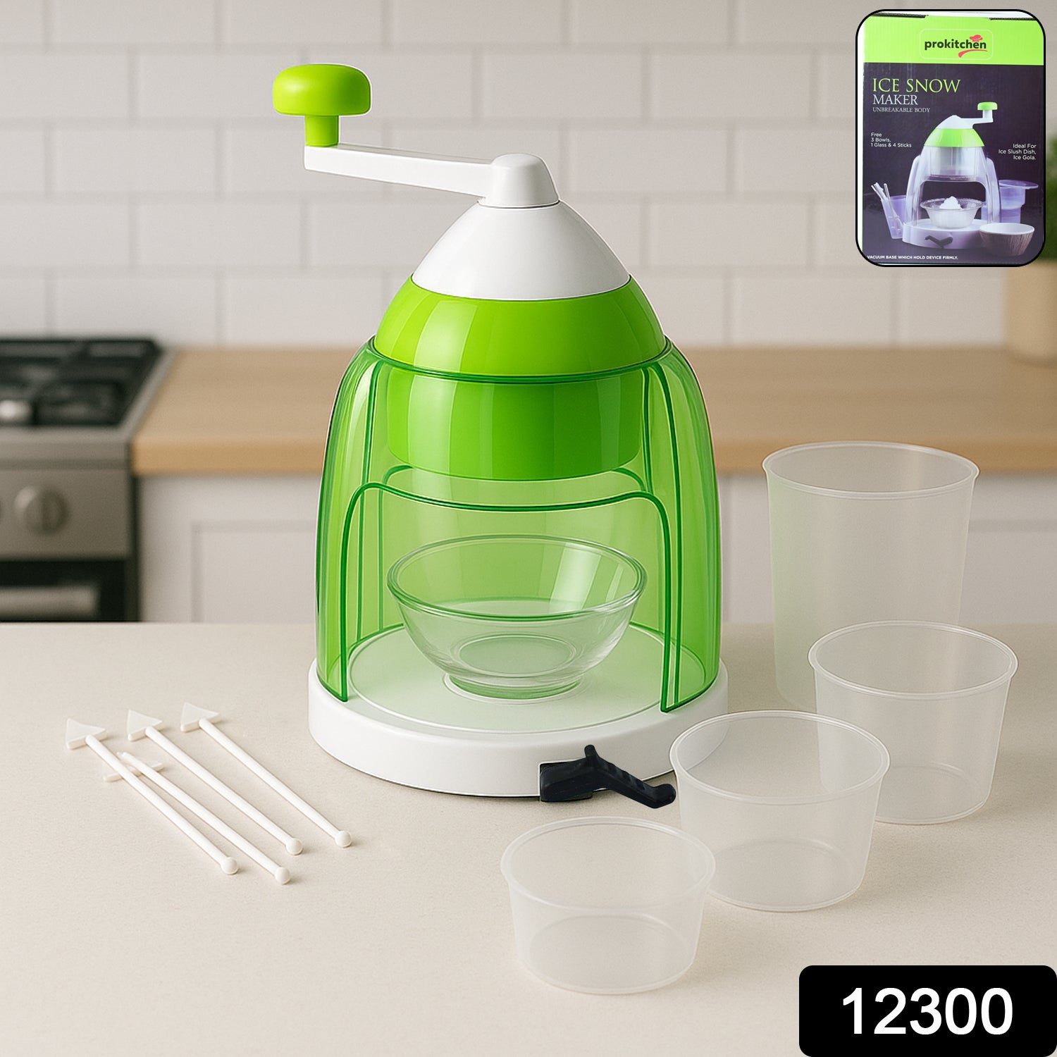 Wukusy manual ice crusher and snow cone maker with hand crank for home and kitchen use, compact and easy to operate.