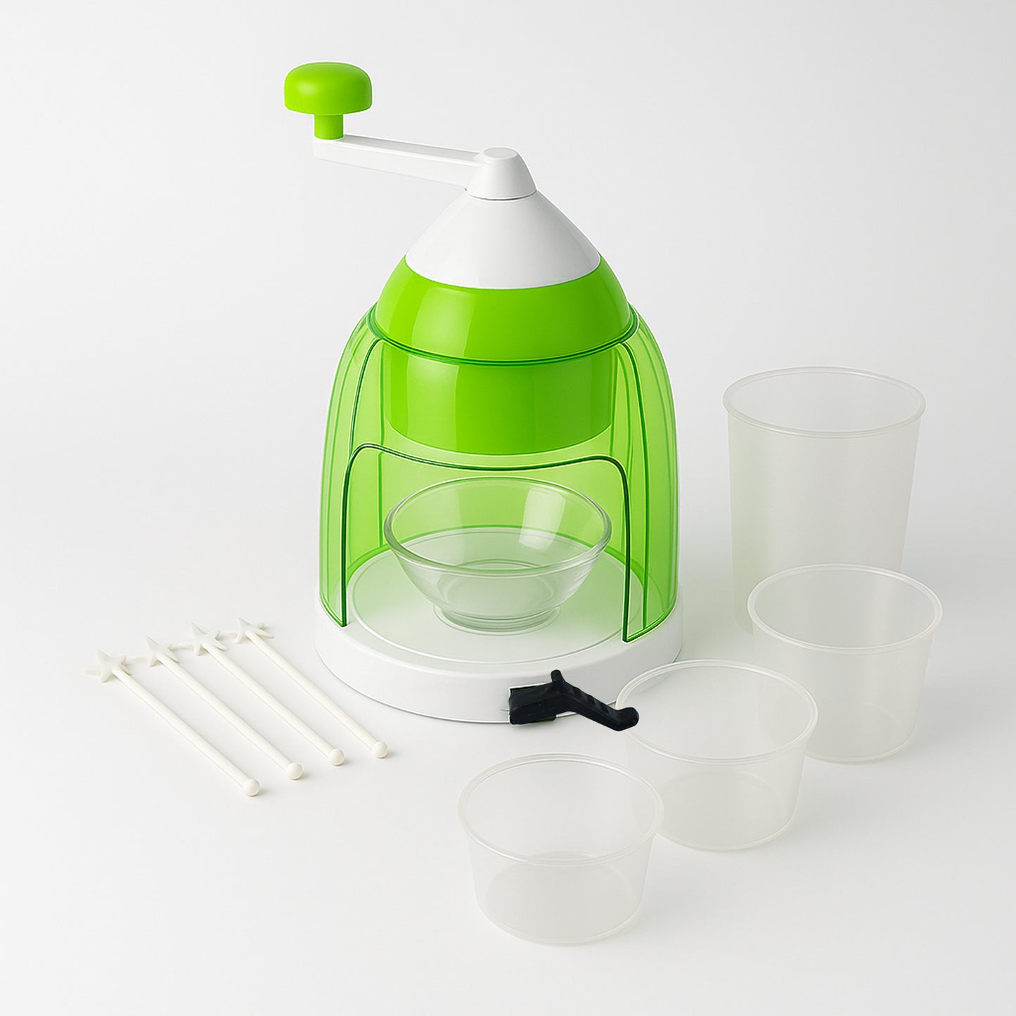 Wukusy manual ice crusher and snow cone maker with hand crank for home kitchen use, showing the device with ice in the image.