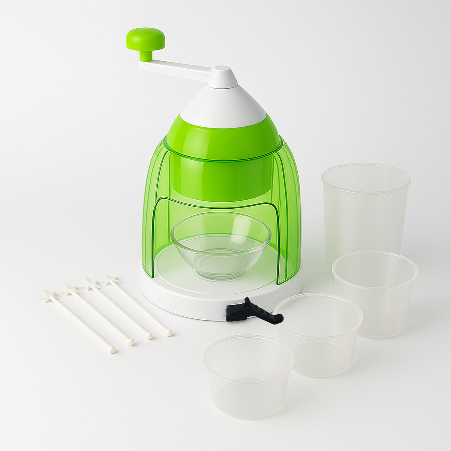 Wukusy manual ice crusher and snow cone maker with hand crank for home kitchen use, showing the device with ice in the image.