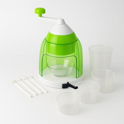 Wukusy manual ice crusher and snow cone maker with hand crank for home kitchen use, showing the device with ice in the image.