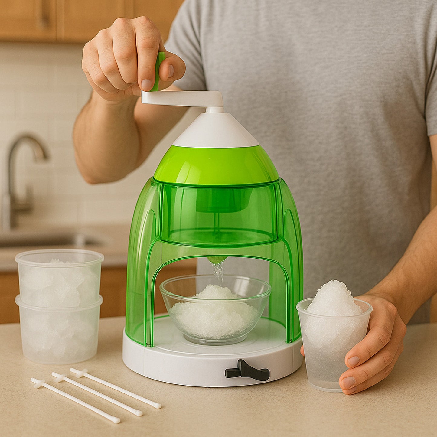 Wukusy manual ice crusher and snow cone maker with hand crank for home and kitchen use.