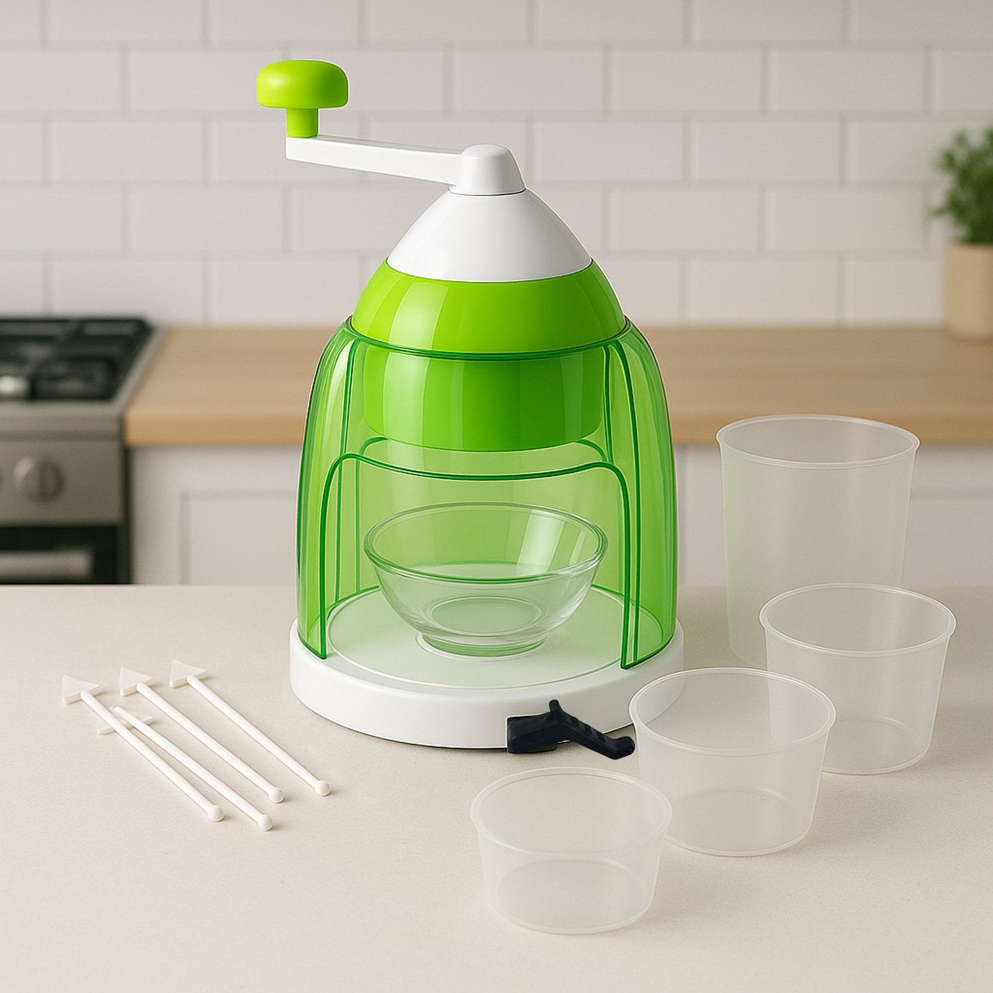 Wukusy manual ice crusher and snow cone maker with hand crank for home and kitchen use, compact and easy to operate.