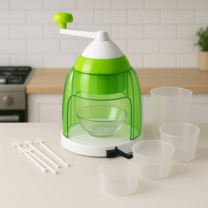 Wukusy manual ice crusher and snow cone maker with hand crank for home and kitchen use, compact and easy to operate.