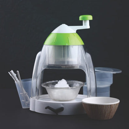 Wukusy manual ice crusher and snow cone maker with hand crank for home and kitchen use, showing the device and ice in a bowl.
