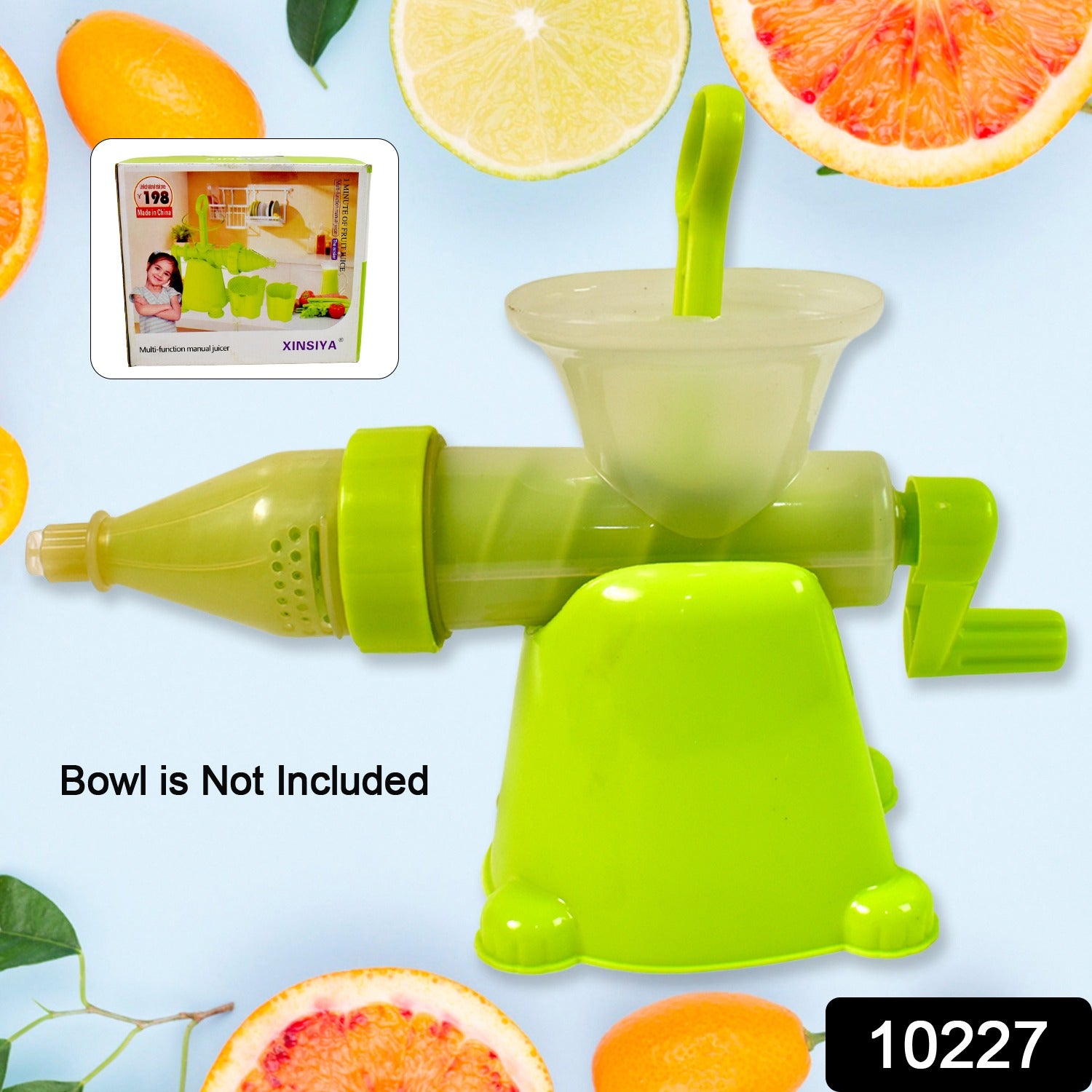 Wukusy manual plastic fruit and vegetable juicer for home use, showing the modern juicer with a clear bowl not included