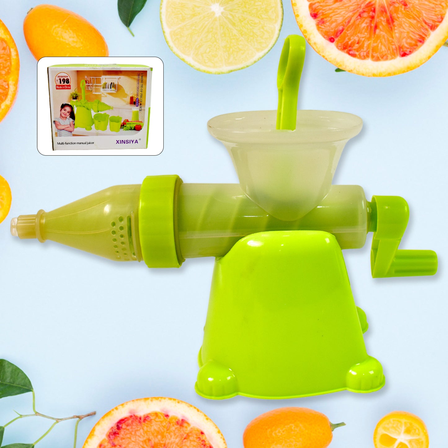 Wukusy manual plastic fruit and vegetable juicer for home use, with a sturdy handle and chamber for easy juicing, bowl not included.
