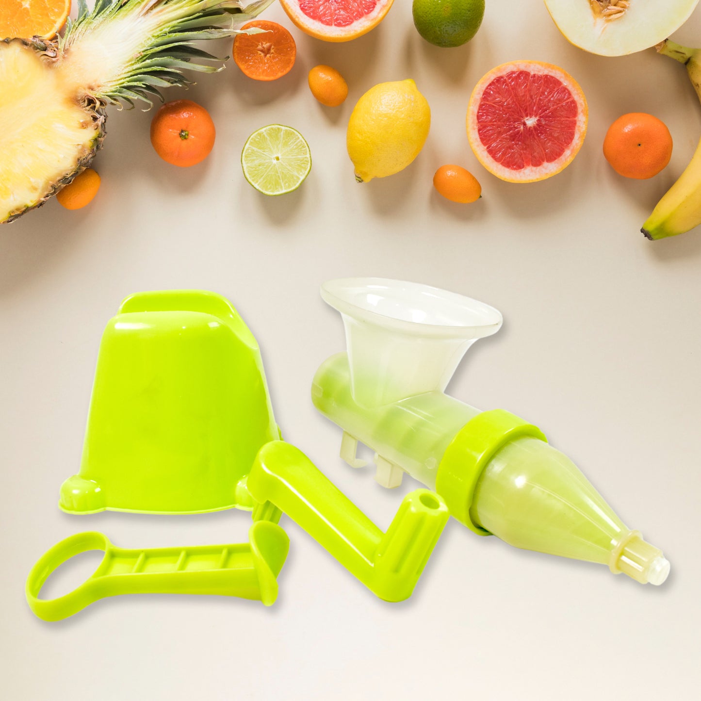 Wukusy manual plastic fruit and vegetable juicer for home use, with a handle and juicing chamber, bowl not included.