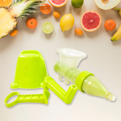 Wukusy manual plastic fruit and vegetable juicer for home use, with a handle and juicing chamber, bowl not included.