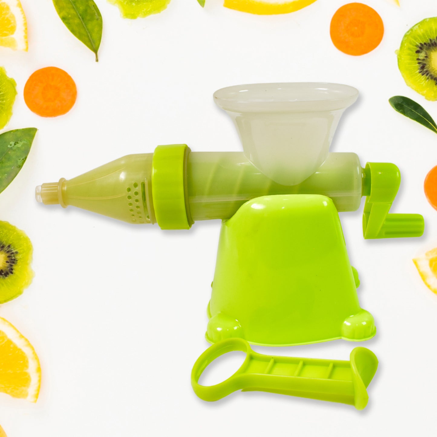 Wukusy manual plastic fruit and vegetable juicer for home use, shown with a clear juicing bowl not included