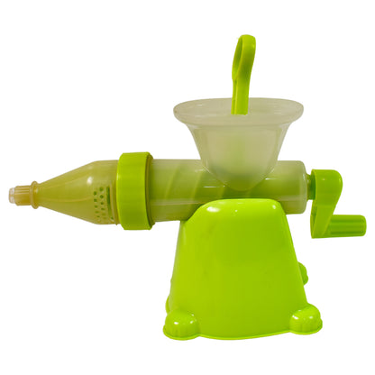 Wukusy manual plastic fruit and vegetable juicer for home use, showing the juicer on a kitchen countertop with fruits.