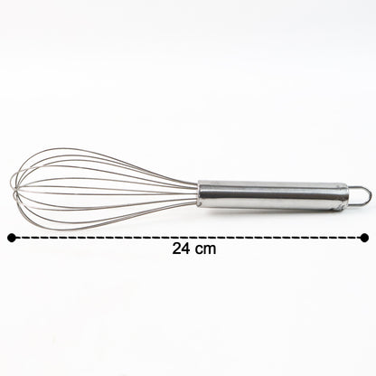 Medium stainless steel balloon whisk by Wukusy, 24cm, ideal for mixing and whisking in home and kitchen cooking tasks.
