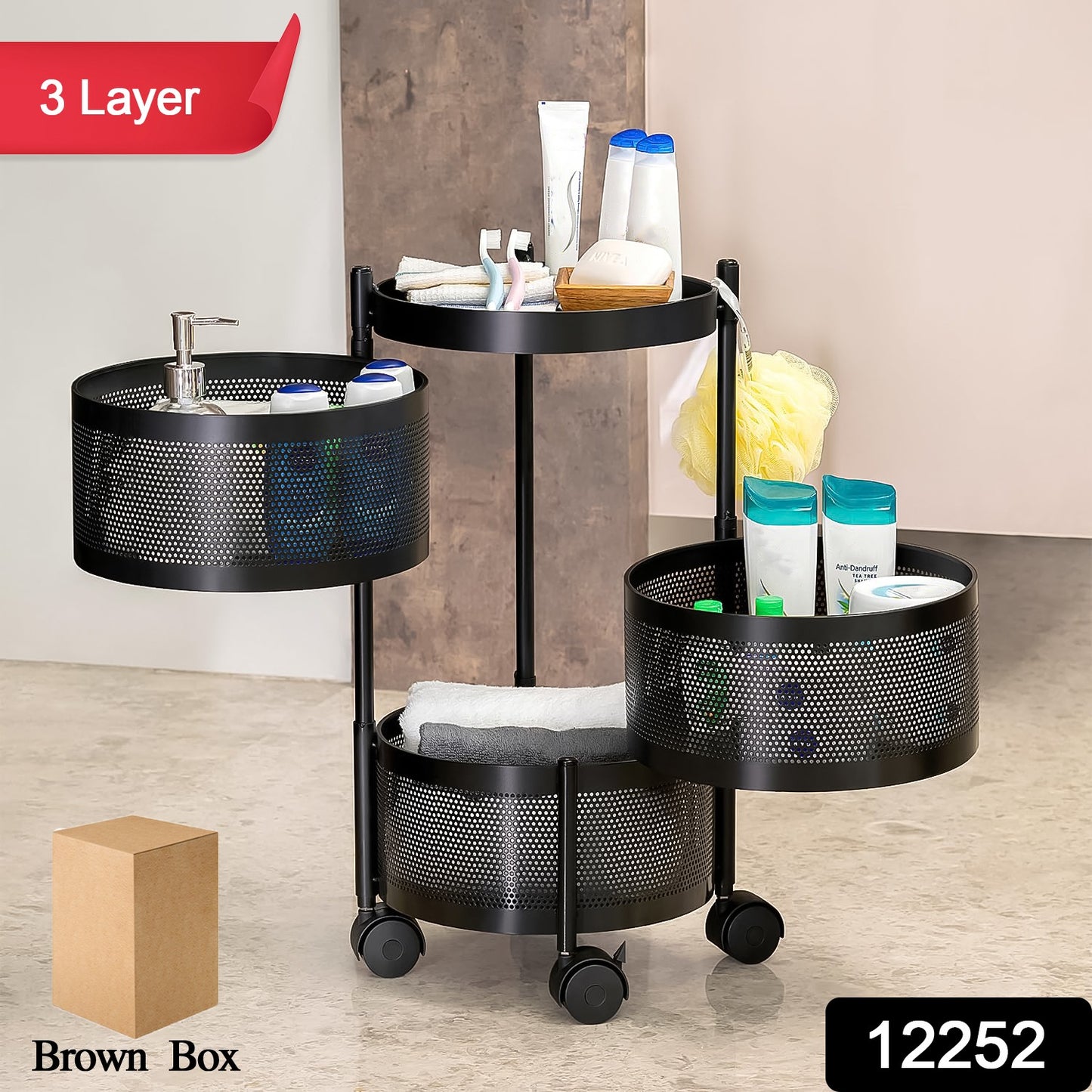 Wukusy metal round kitchen trolley with three layers and wheels, high-quality home storage cart for kitchen organization.