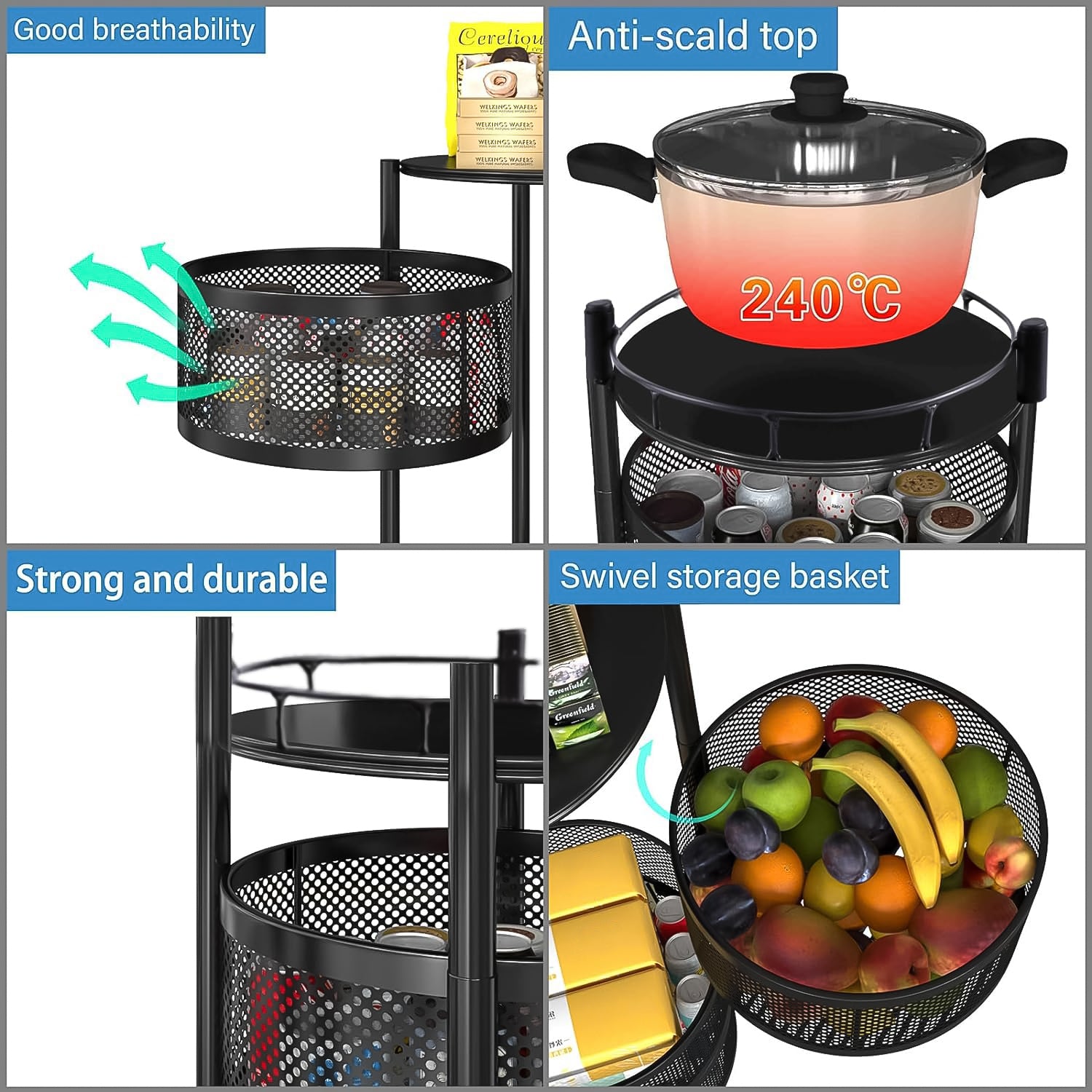 Wukusy metal round kitchen trolley with three layers, high-quality steel construction, and wheels for easy mobility.