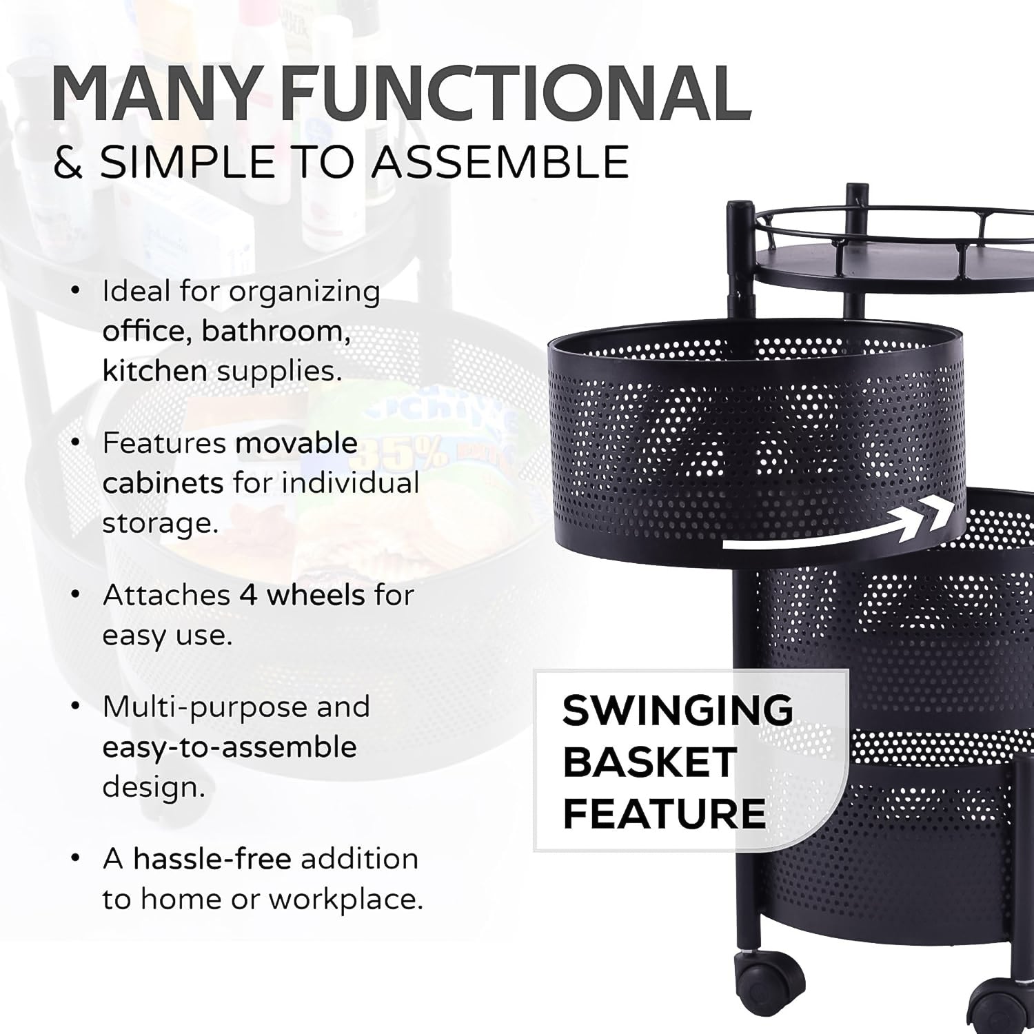 Wukusy metal round high-quality kitchen trolley with three layers and wheels, ideal for home and kitchen organization.