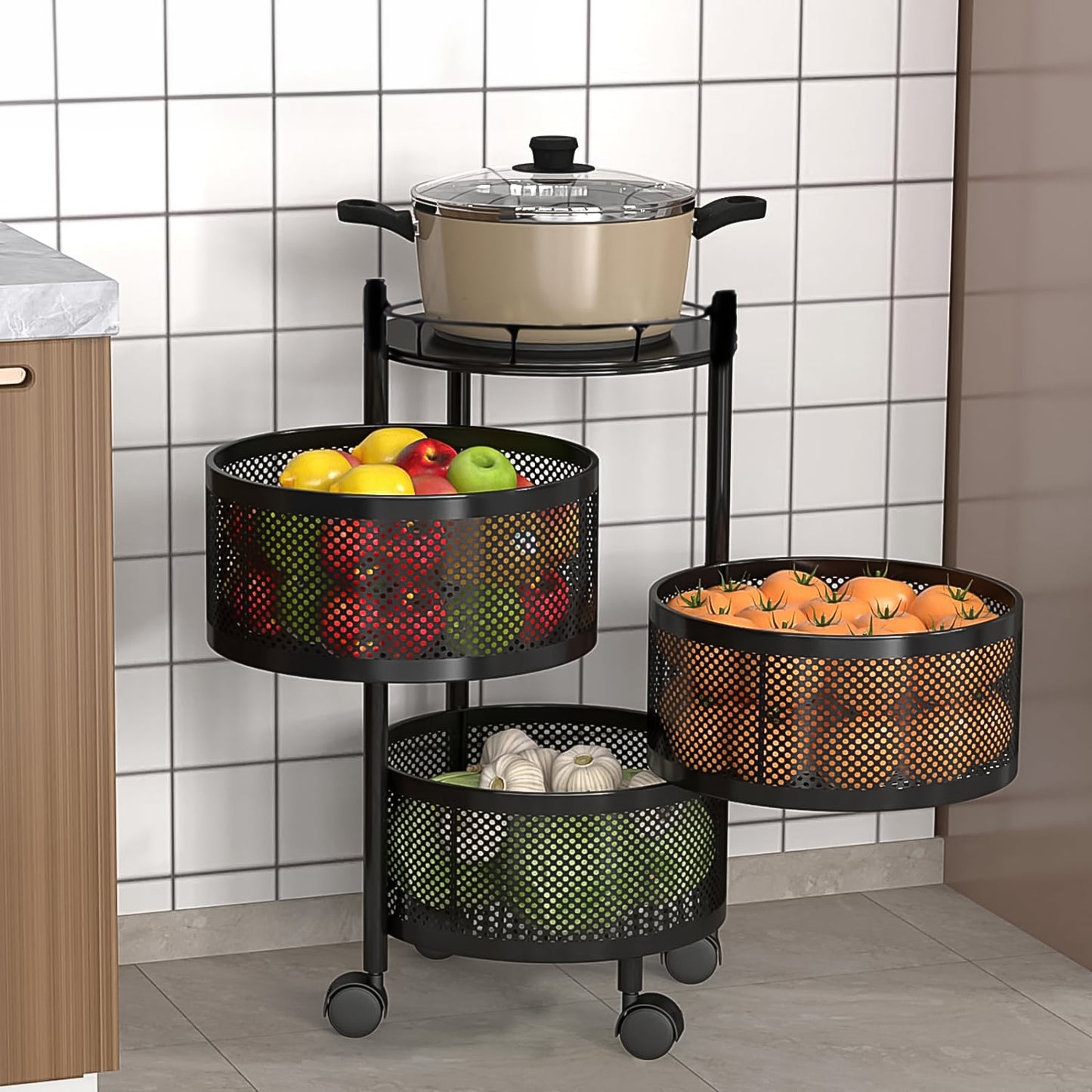 Wukusy metal round kitchen trolley with three layers and wheels, high-quality home and kitchen storage solution.
