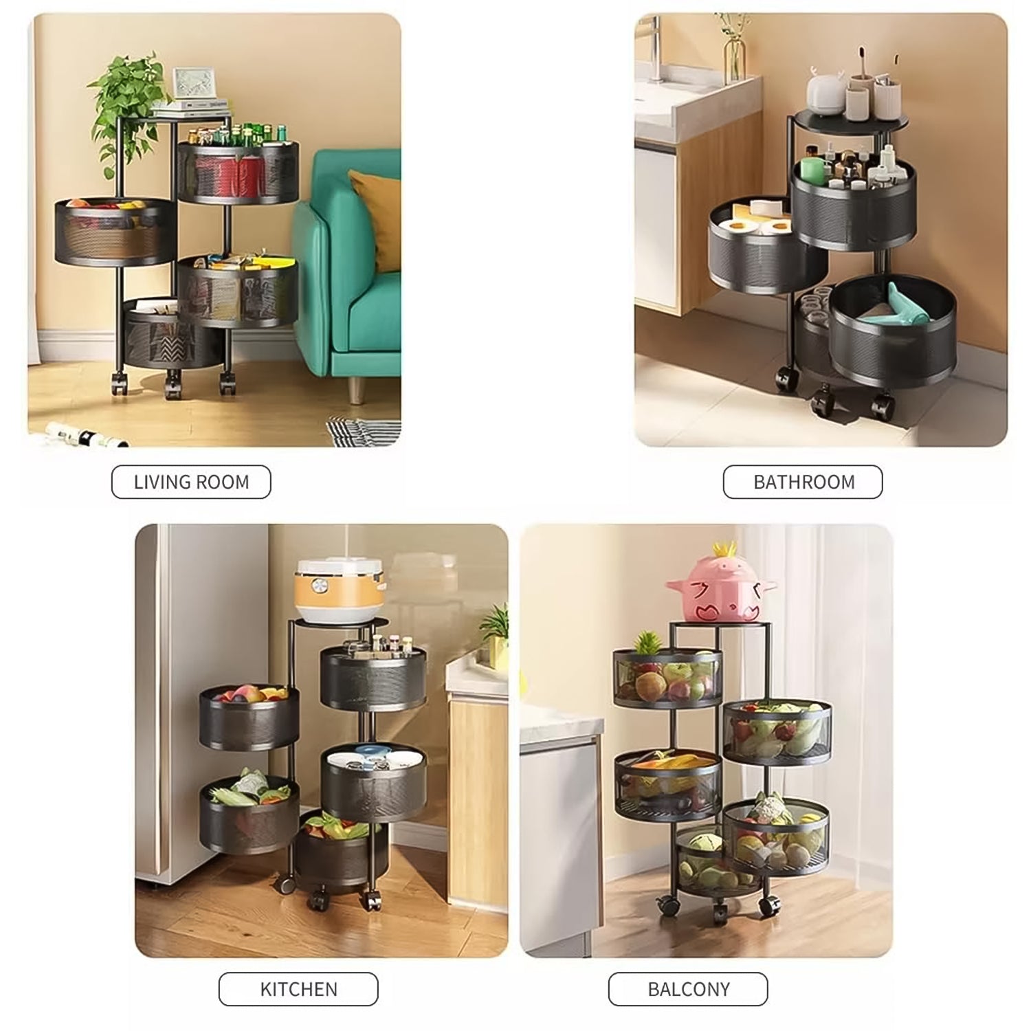 Wukusy metal round high-quality kitchen trolley with three shelves and wheels, ideal for home kitchen storage and organization.