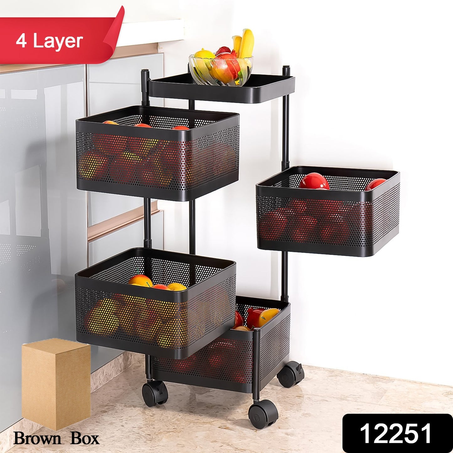 Wukusy metal square kitchen trolley with four layered shelves and wheels, ideal for organizing kitchen or home storage.