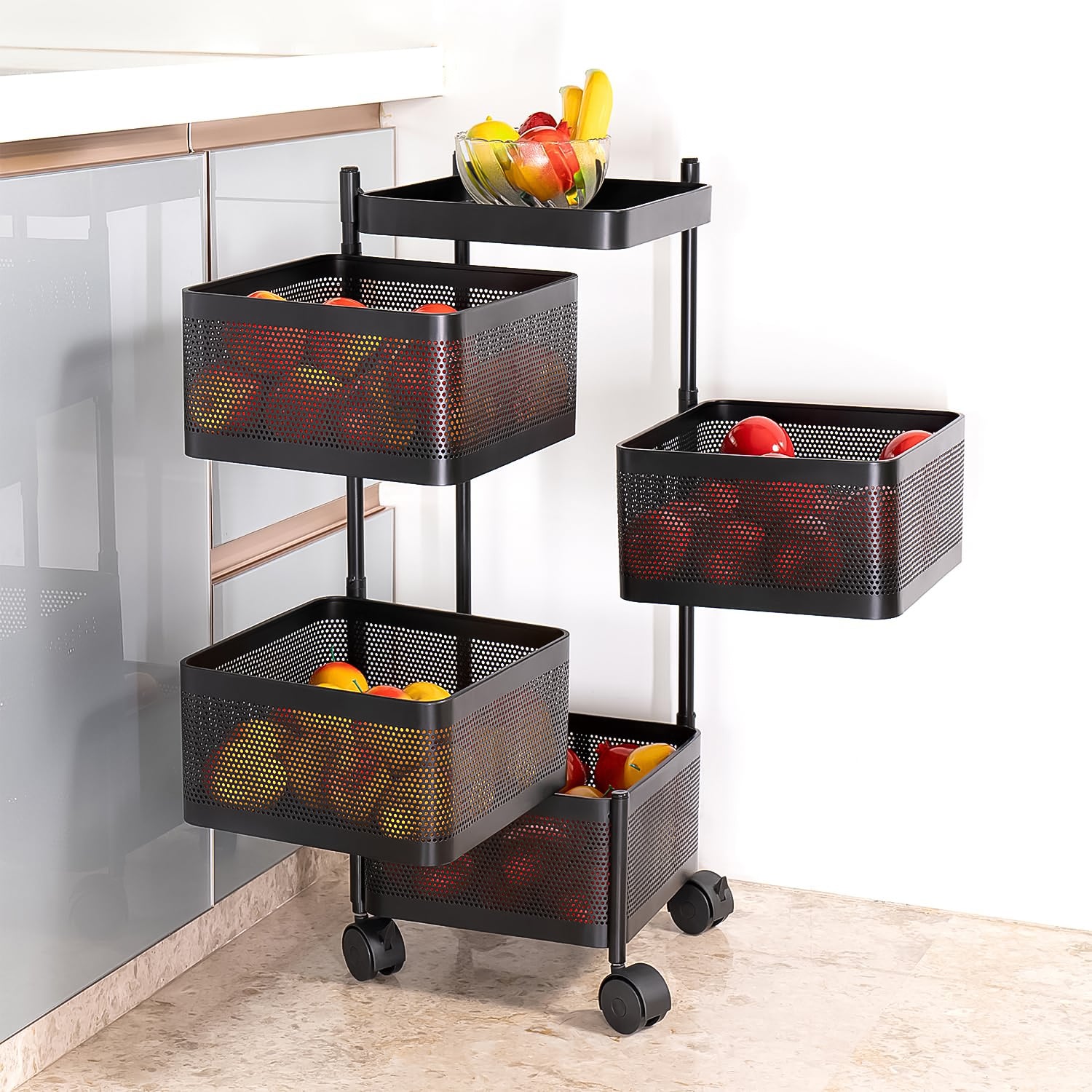 Wukusy metal square kitchen trolley with four shelves, wheels, and high-quality steel construction for home kitchen storage.