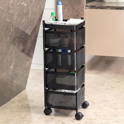Wukusy metal square kitchen trolley with four shelves, wheels, and high-quality steel construction for versatile kitchen storage.
