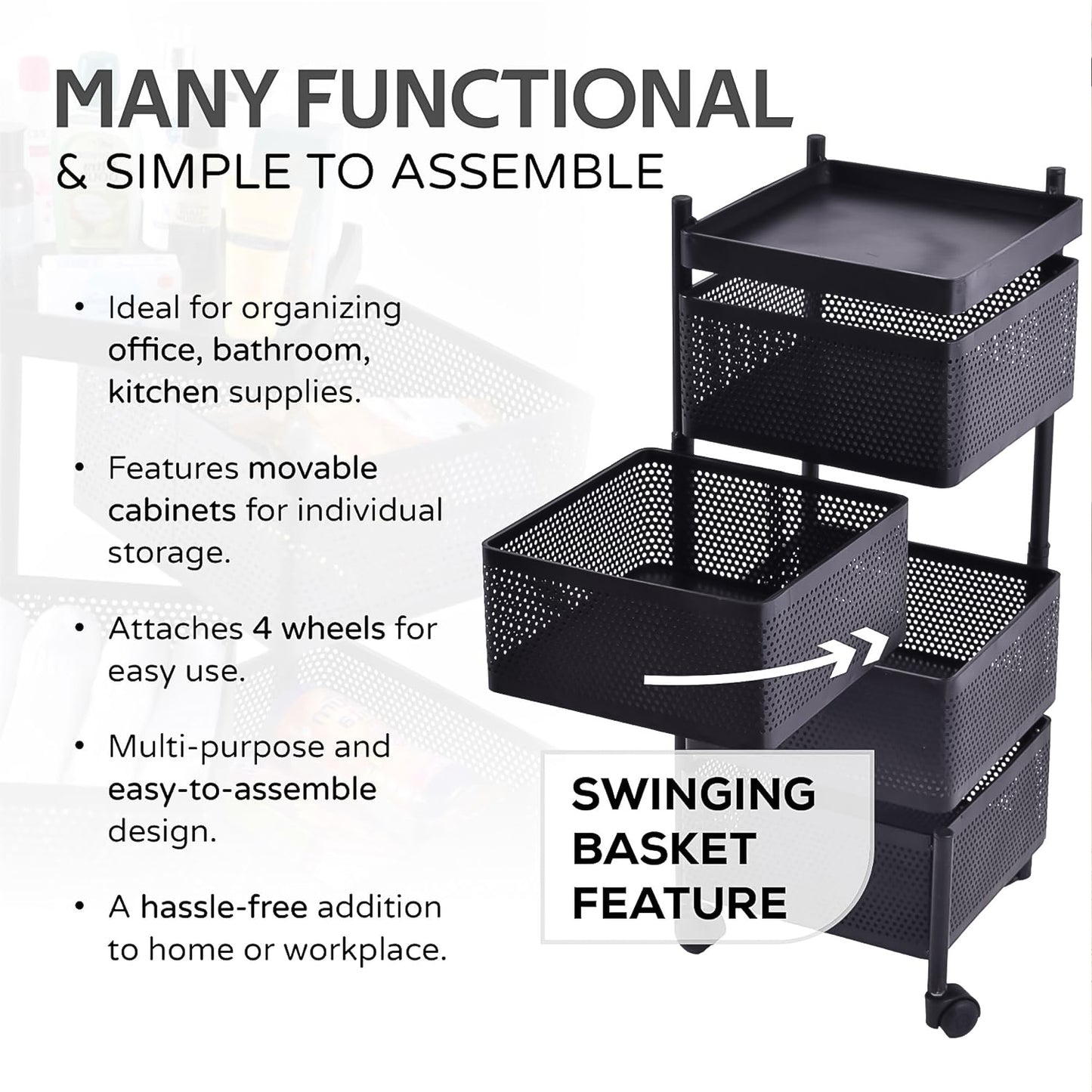 Wukusy metal square kitchen trolley with four shelves and wheels, high-quality steel storage cart for home kitchen organization