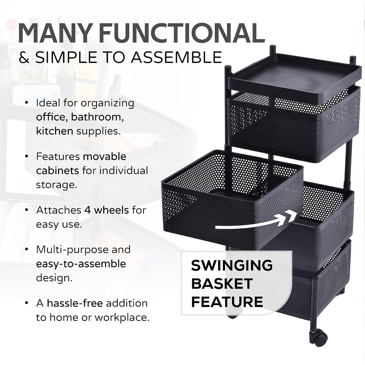 Wukusy metal square kitchen trolley with four shelves and wheels, high-quality steel storage cart for home kitchen organization