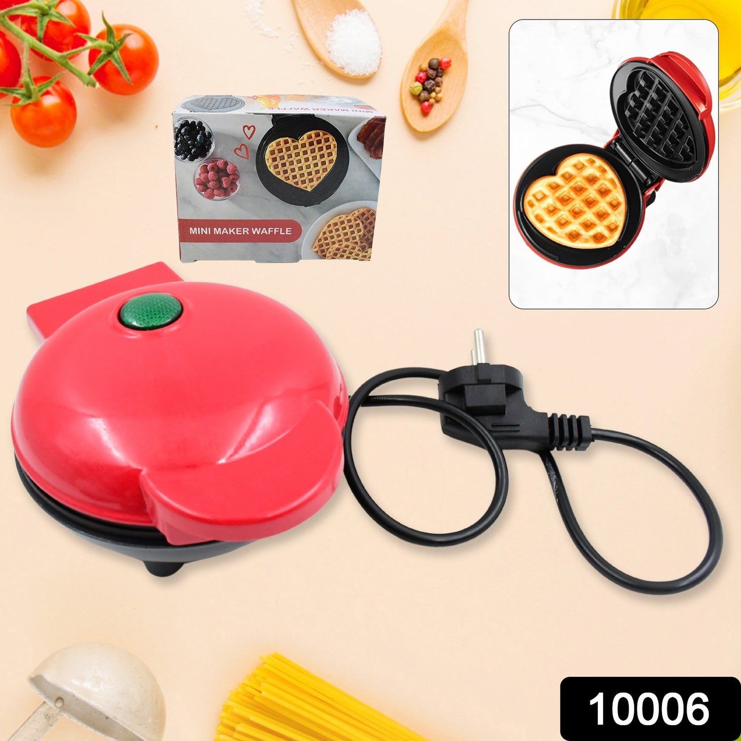 Wukusy mini waffle maker machine with non-stick surfaces, perfect for breakfast, desserts, sandwiches, and snacks in a home kitchen setting.