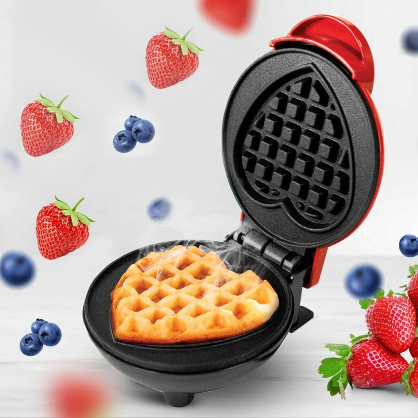 Wukusy mini waffle maker machine with non-stick surfaces, perfect for breakfast, desserts, sandwiches, and snacks in a home kitchen.