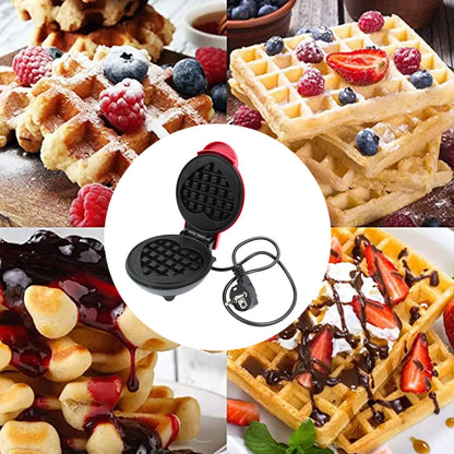 Wukusy mini waffle maker with non-stick surfaces for making waffles, paninis, and snacks in a home kitchen setting.