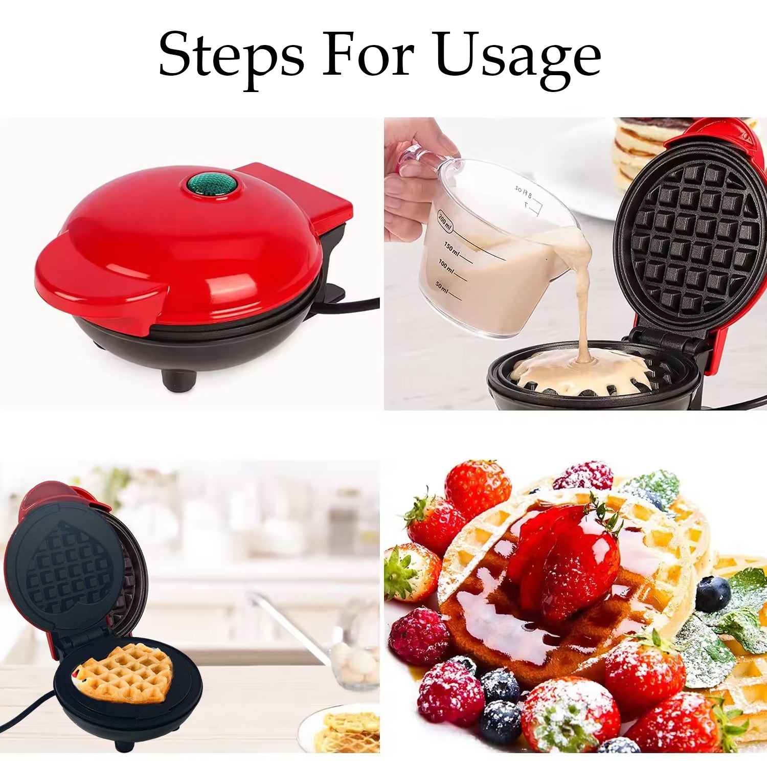 Wukusy mini waffle maker machine with non-stick surface, perfect for breakfast, desserts, sandwiches, and snacks in a home kitchen setting.